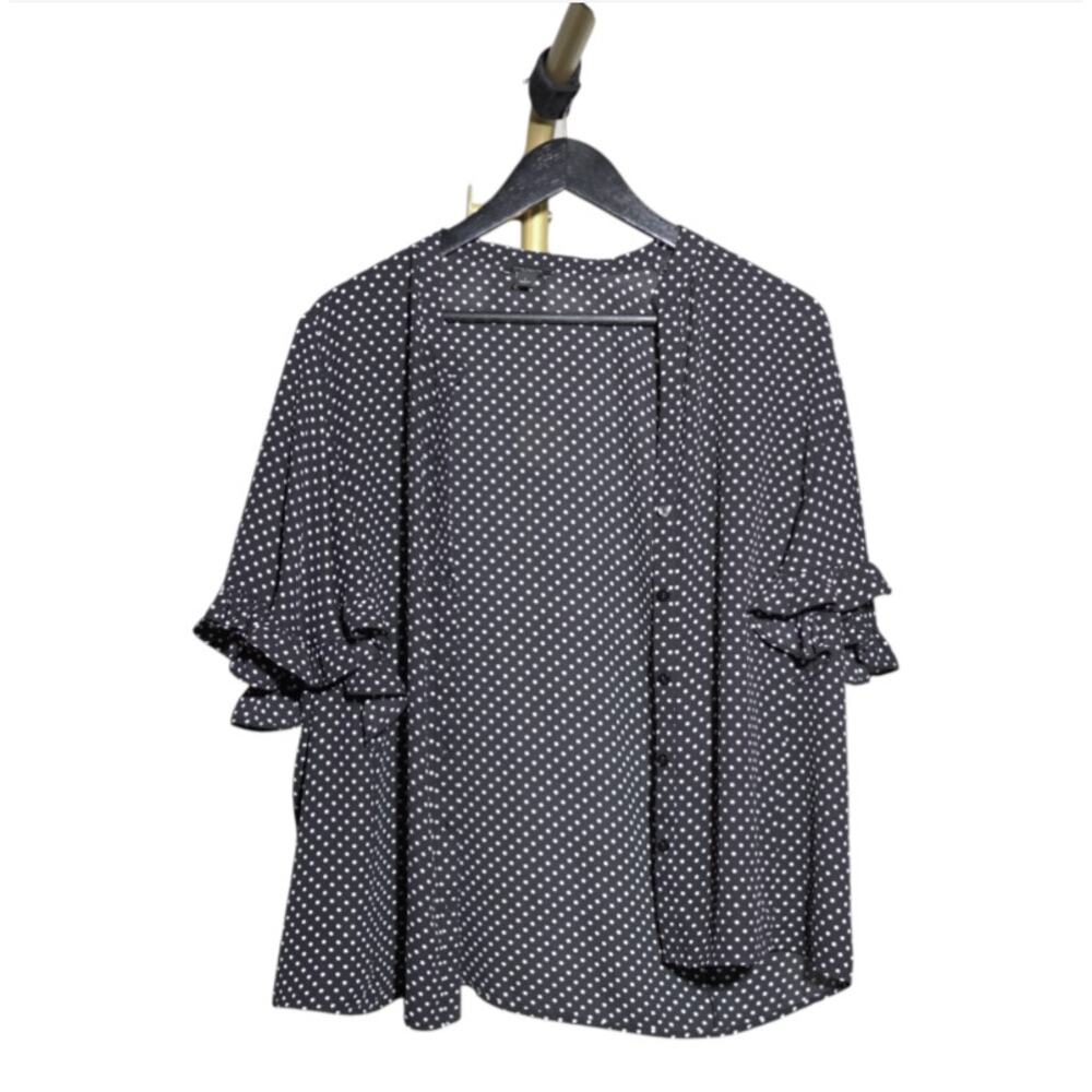 Ann Taylor Factory Blouse Sz L 2PK Black Solid & Polka Dot Flutter Sleeves EUC - Picture 9 of 14